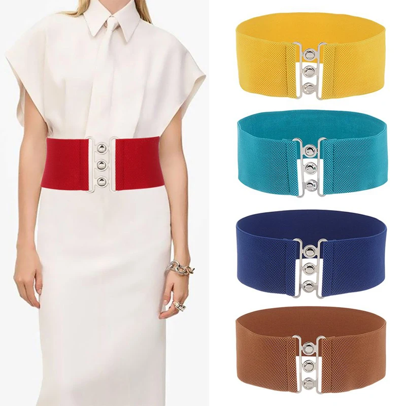 

New Korean Style Elastic Waistband Decoration Metal Buckle Cinch Waistband Ladies Belt Stretch Dress Cummerbunds Women Accessory