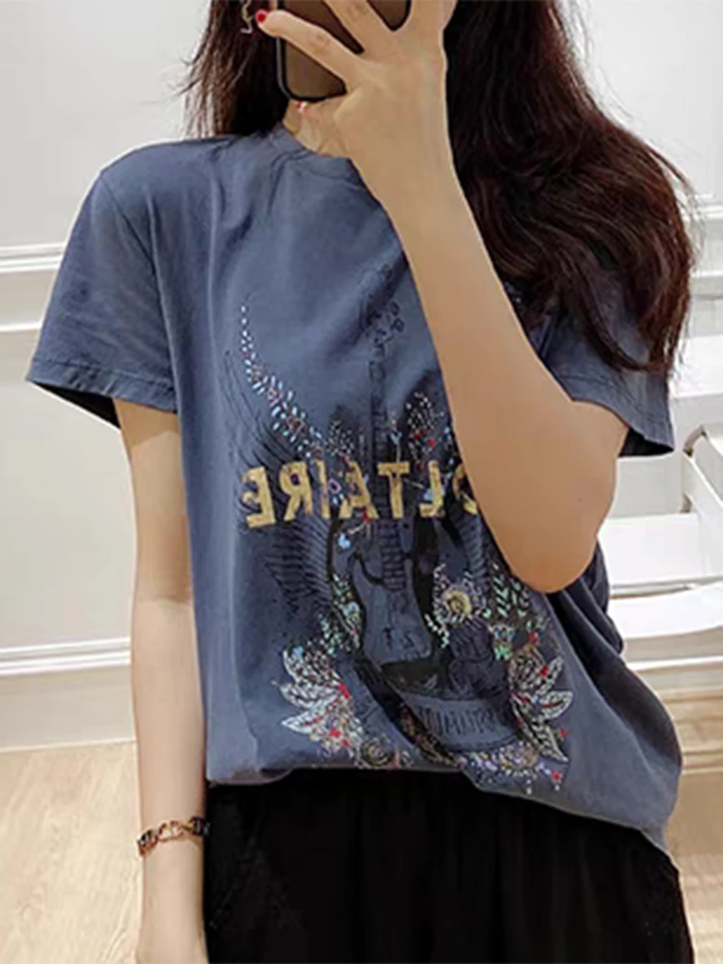 

Pirate Hippie Guitar Letter Print Shirt Summer O-Neck Short Sleeve Shirts For Women Tees Shirt Casual Cotton Tops Pullover 2022