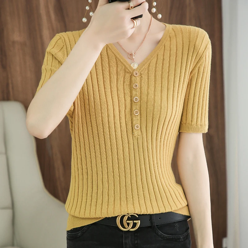 

Ladies Cotton Linen T-shirt Summer New V-neck Button Drawn Strip Solid Color Knitting Fashion Clothes