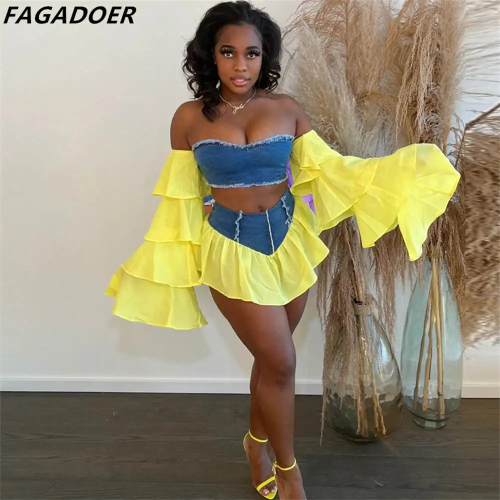 

FAGADOER Sexy Off Shoulder Crop Top + Ruffles Skirts Two Piece Sets Fashion Cowboy Splicing Outfits Lady Streetwear 2pcs Clothes