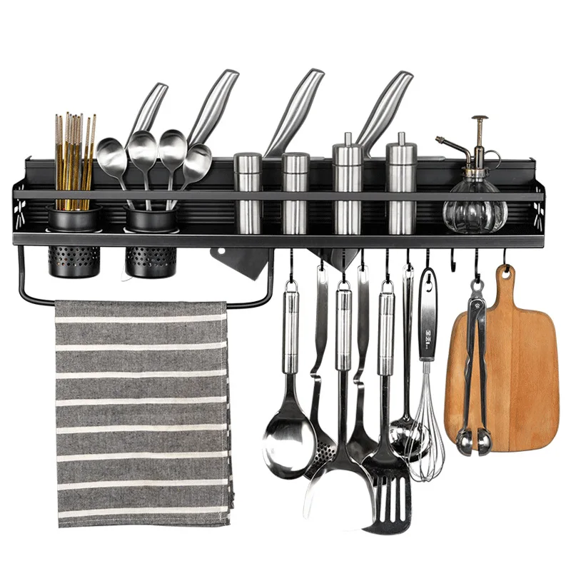 

Black simple kitchen shelf wall hole free kitchen shelf wall mounted storage rack seasoning rack knife rest