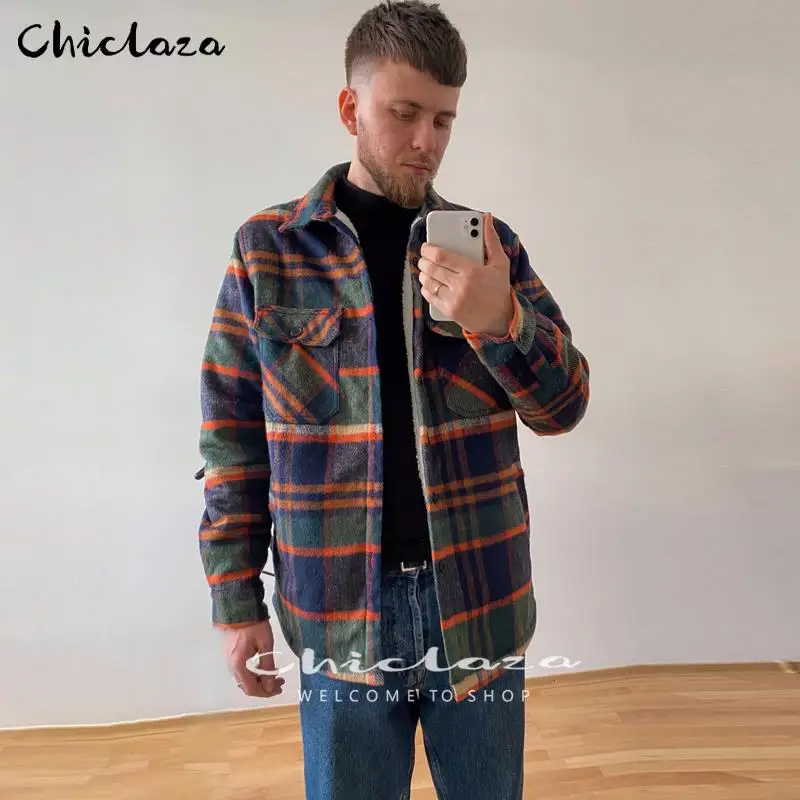 

Plaid Jacket Men's Autumn Winter Casual Fleece Warm Slim Fit Shirt Coats Male