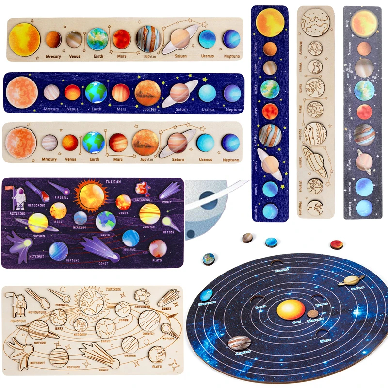 

Baby Wooden Montessori Teaching Aids Science Cognition Jigsaw Puzzle Universe Solar System Eight Planet Matching Educational Toy