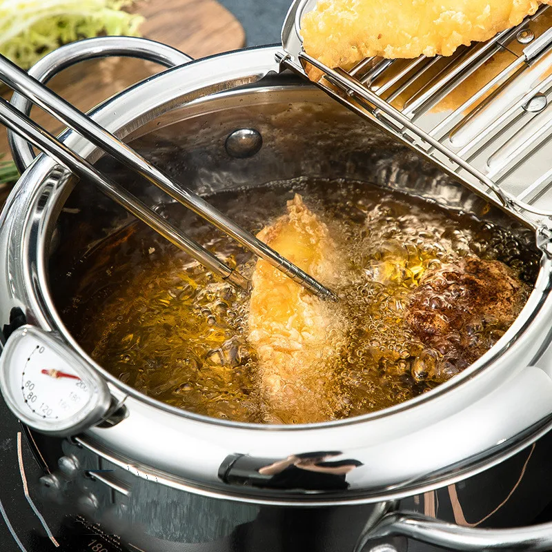 

Japanese Deep Frying Pot with a Thermometer and a Lid 304 Stainless Steel Kitchen Tempura Fryer Pan 20 24 cm