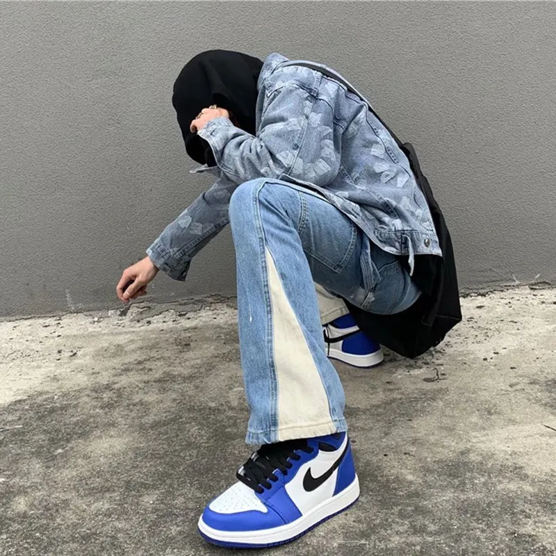 Straight Loose Vintage Denim Trousers Vibe Style Patchwork Washed Baggy Men Flare Jeans Pants Color Block Pantalones Hombre 2022