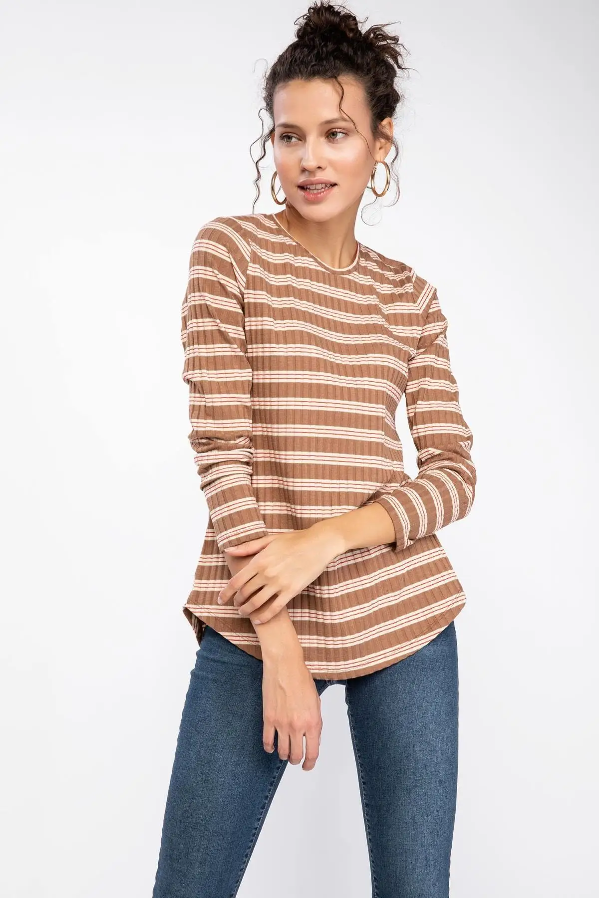 

Modest Women's Horizontal Stripe Long Sleeve Tunic Muslim Tunic 2021 Fashion