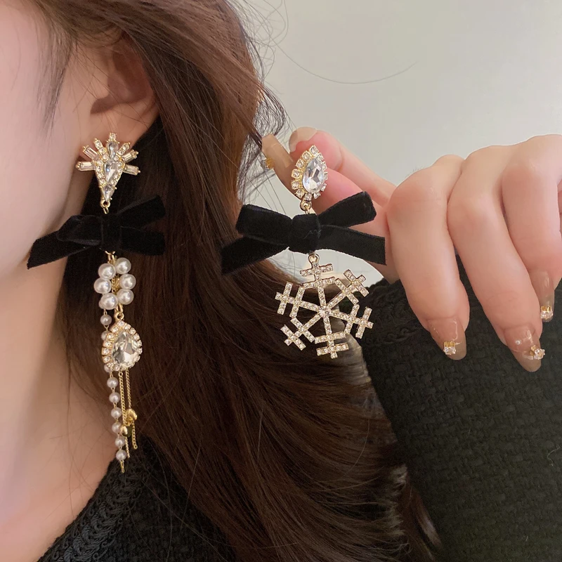 

Zircon Imitation Pearl Flower Bow Earring French Fashion Tassels Snowflake Stud Warrings Drop Temperament Luxury Girls Accessory