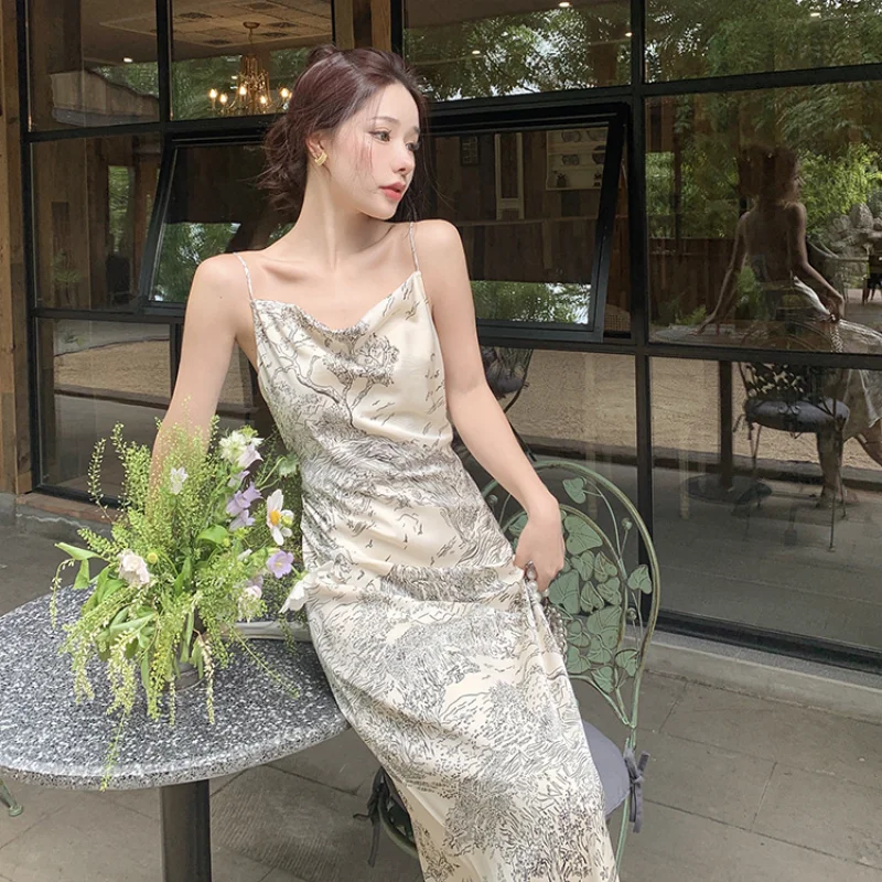 

2023 Summer New Women's Dress Vintage Slip dress Long Dress Guofeng Mountain Forest Painting Dress