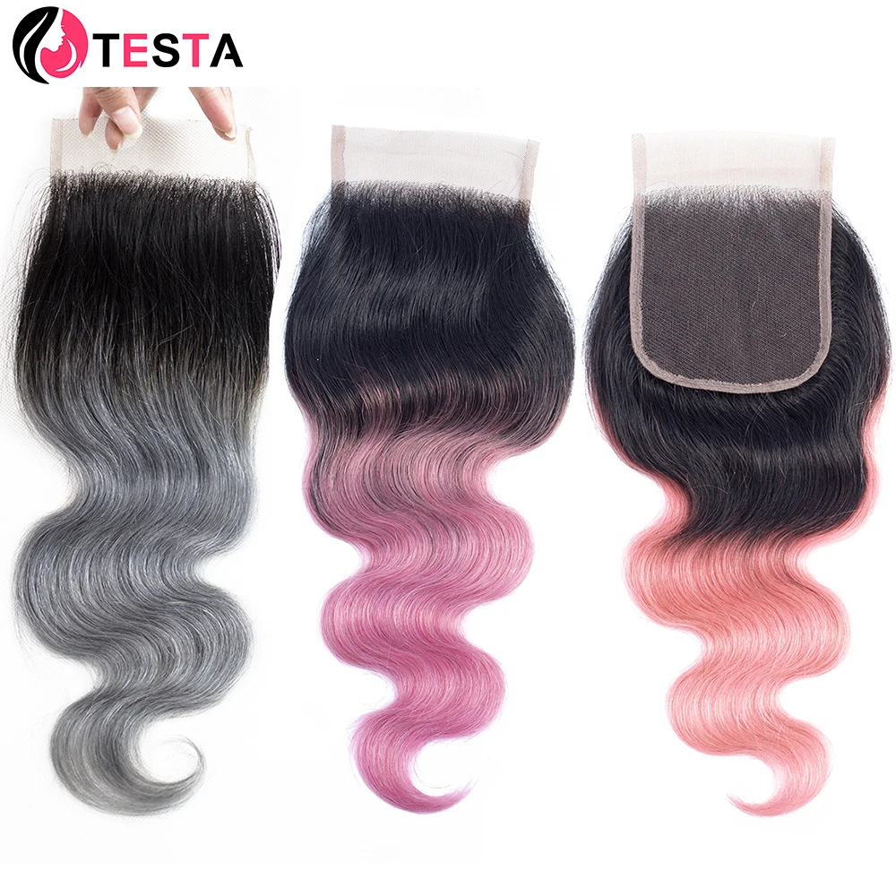 

1B Grey/Pink Color Body Wave 4x4 Lace Closure Indian Remy Hair Free Part Pre-Plucked With Natural Hairline 150% Density Testa