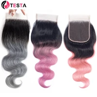 1B Grey/Pink Color Body Wave 4x4 Lace Closure Indian Remy Hair Free Part Pre-Plucked With Natural Hairline 150% Density Testa