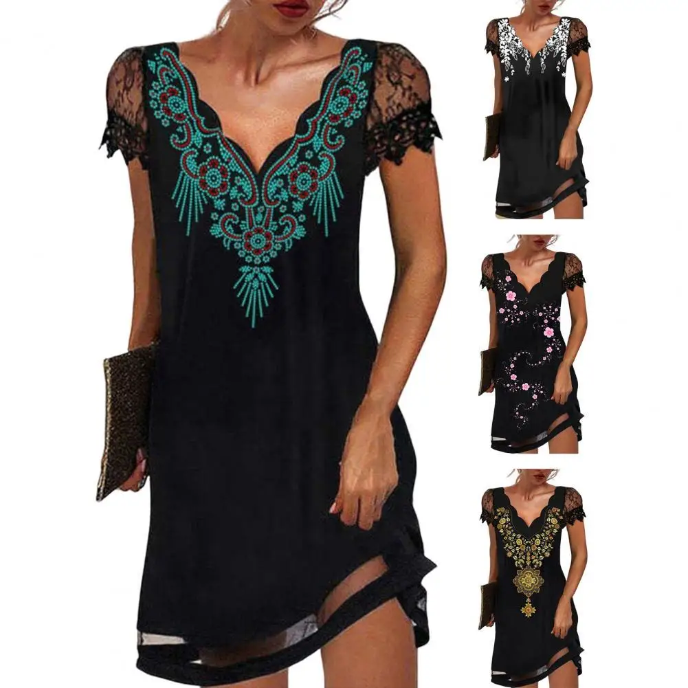 

Stylish Dating Dress Patchwork Lace Lady Dress Geometric V Neck Lady Dress
