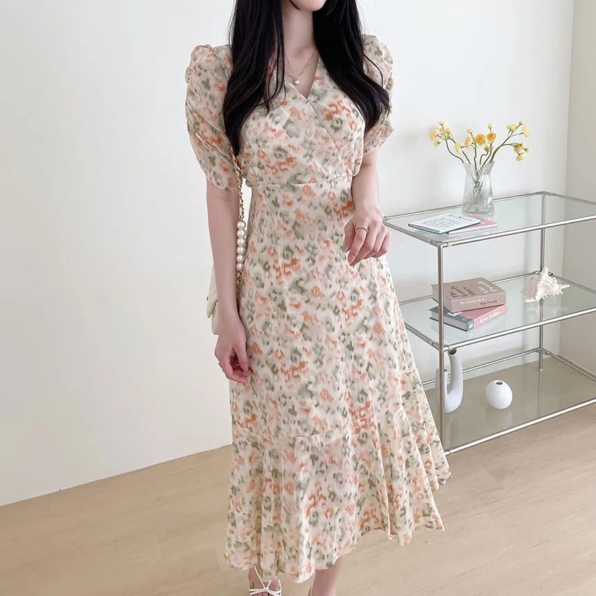 2022 Summer New Korean Womens High-End Temperament Chic V-Neck Bubble Sleeve Printing Fashion Elegant Chiffon Dress