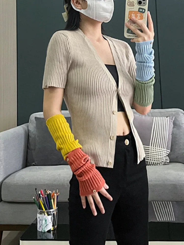 

Women's V-Neck Knit Cardigan Removable Sleeve 2022 Fall Fashion New Ladies Contrast Color Single Breasted Slim Knitwear Top