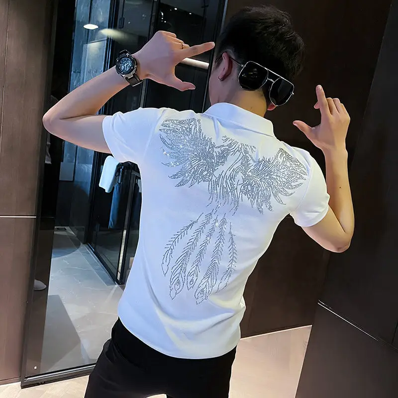 

Summer Fashion Rhinestone T-shirt Men's Handsome Slim-Fit Tops for Summer Men's Half Sleeve Wear Clothes Short Sleeve Polo Shirt