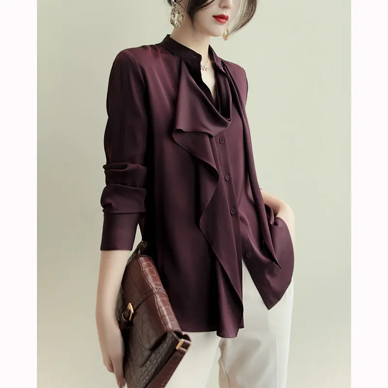

Women 2022 Spring Autumn New French Solid Color Silk Shirts Female Long Sleeve Casual Shirts Ladies Buttons Loose Blouses F240