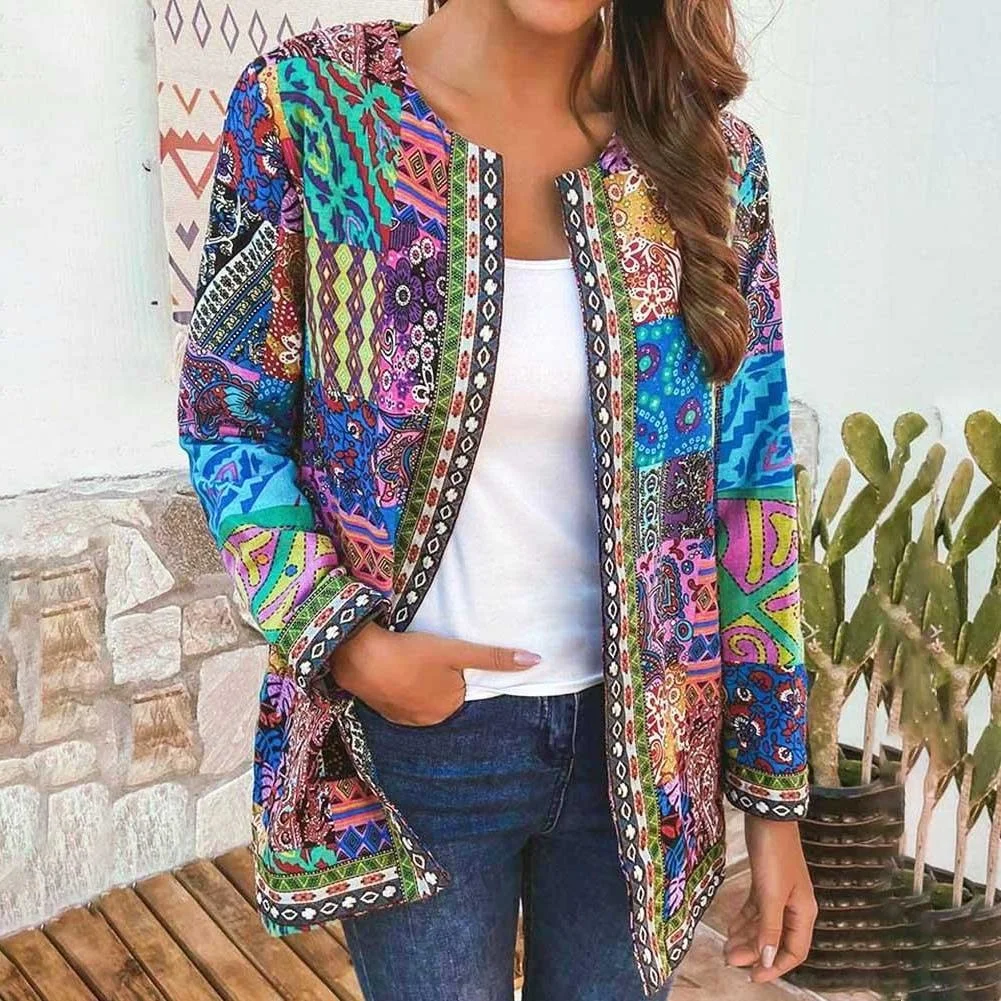 

6XL Jacket Coat Women Fashion Autumn Winter Ethnic Floral Print Long Sleeve Loose Jacket Coat Cardigan Loose Outerwear Chic 2023