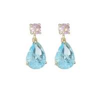new pop flower light sea blue pink crystal inlaid female sweet temperament simple ice crack water drop earrings