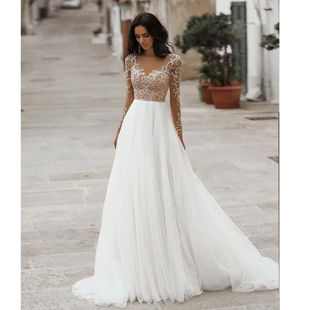 Элегантное свадебное платье с длинным рукавом аппликацией из органзы вышивкой