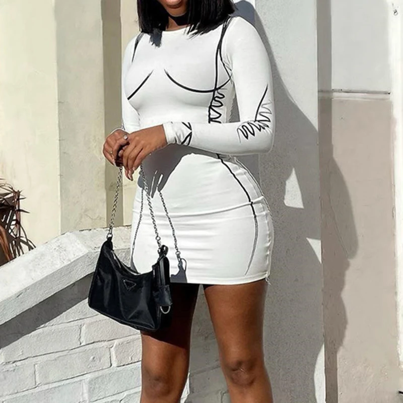 

Spring Mini Dresses For Female O Neck Long Sleeve Print Bodycon Club Dress Streetwear Party White Dress Ladies