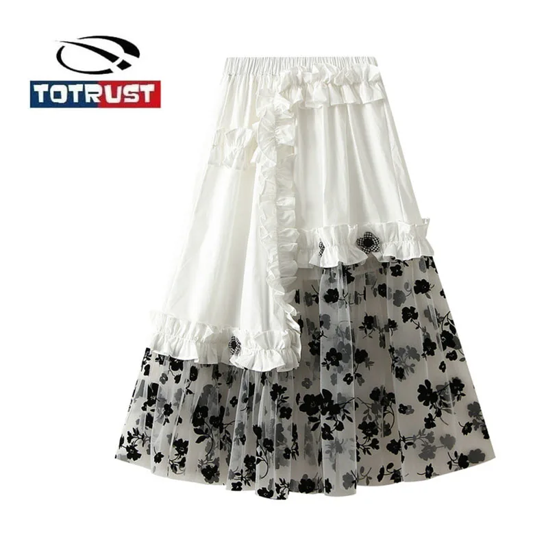 

Luxury Woman Skirts 2022 Korean Fashion Elastic High Waist A Line Ruffle Appliques Floral Mesh Skirt Long Gauze Ball Gown Skirt