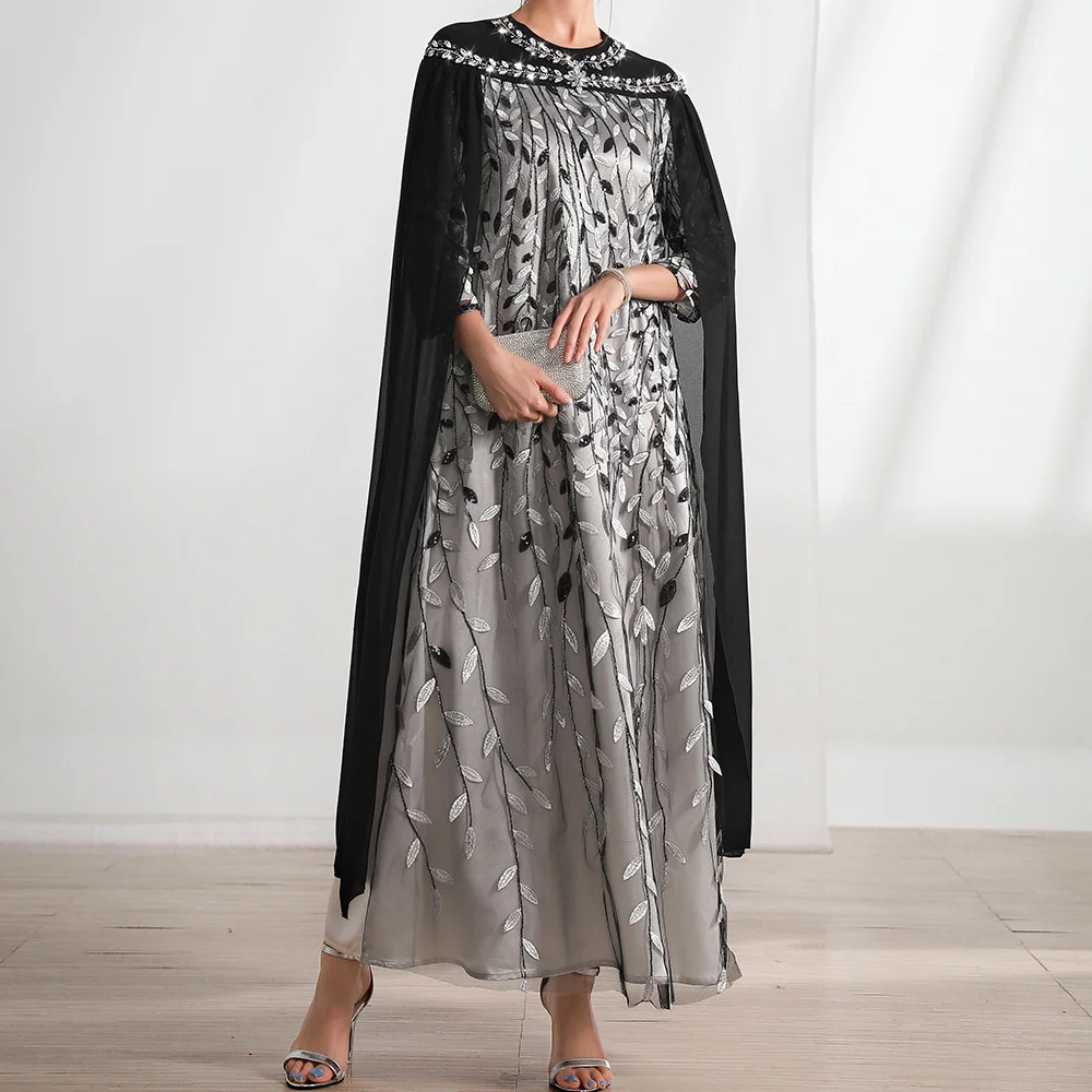 Abaya For Women Black And White Leaf Mesh Embroidery Fashion Cape Fake Two-piece Dress Dubai Arabic Lady Dress Female Clothing