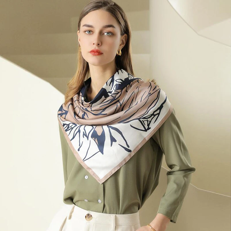 

Luxury Peony Flower Silk Scarf Polysystem Shirt Decoration Neck Scarfs Summer Women's Sun Protection Bandana Foulard Cheveux