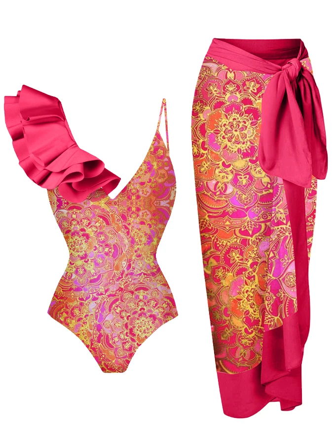 One Piece Swimsuit Women V-Neck Backless Beachwear Ruffle Asymmetrie Holiday Beach Swimwear Summer Push Up Skinny Bikini