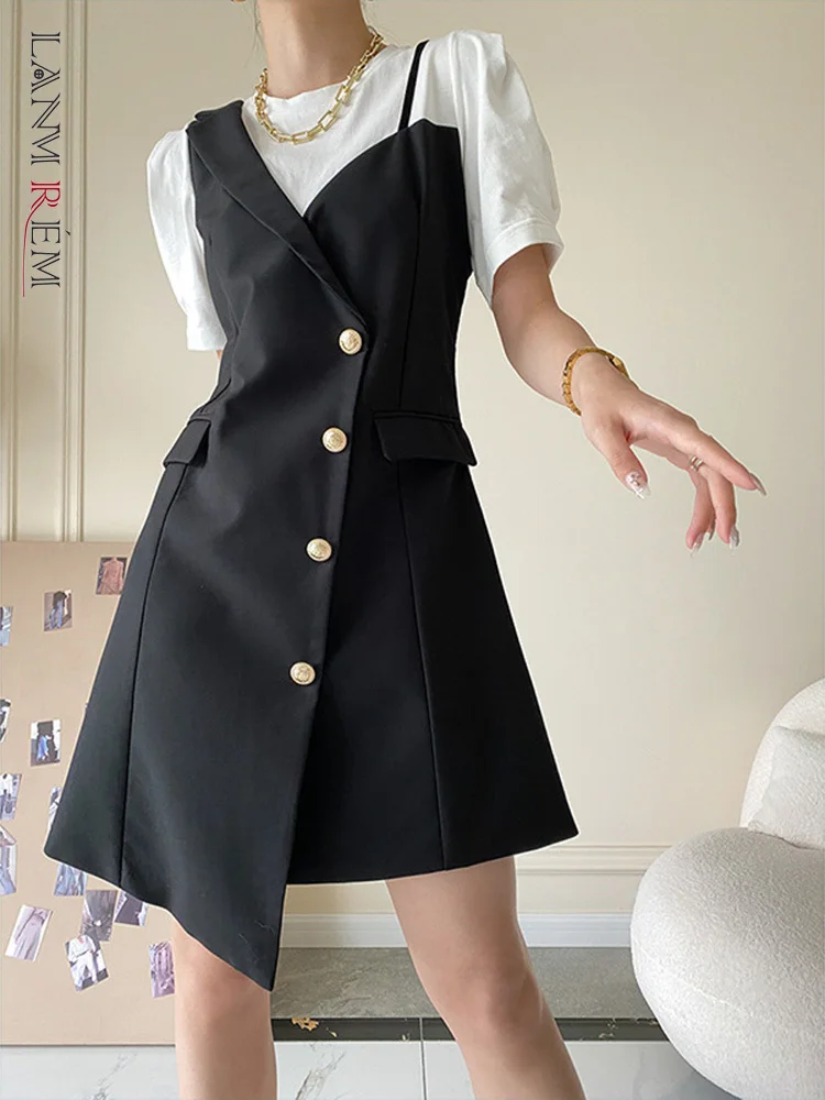 

Женское асимметричное платье LANMREM, черно-белое платье с короткими рукавами и пуговицами на молнии, модное летнее платье 2R2472