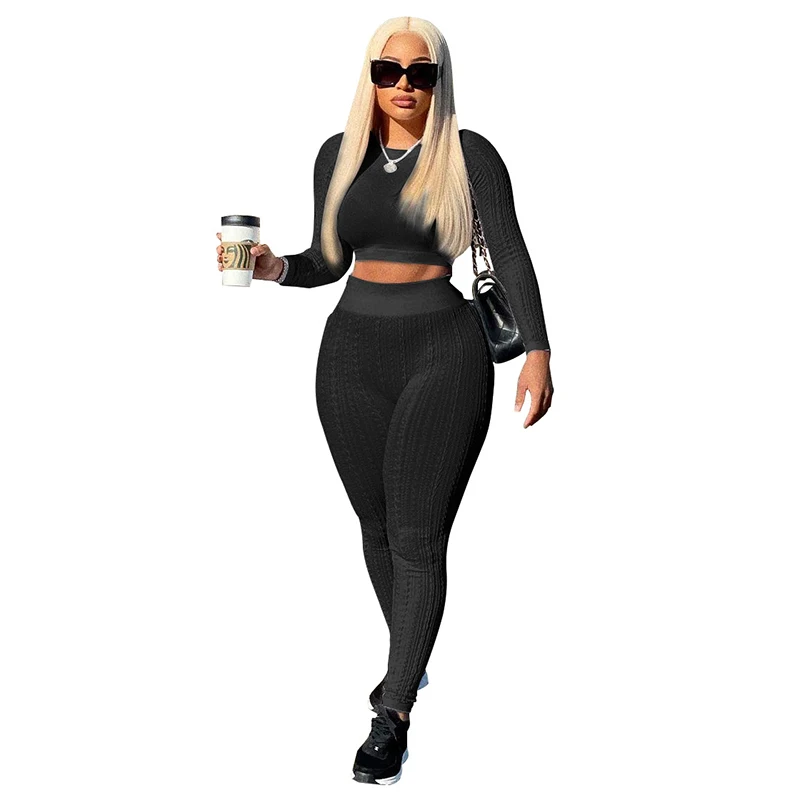 

Two Piece Set Fashion Solid Color Full Sleeve Show Waist O-Neck Top + Slim Pencil Pants Casual Women Sport Fitness Outfits