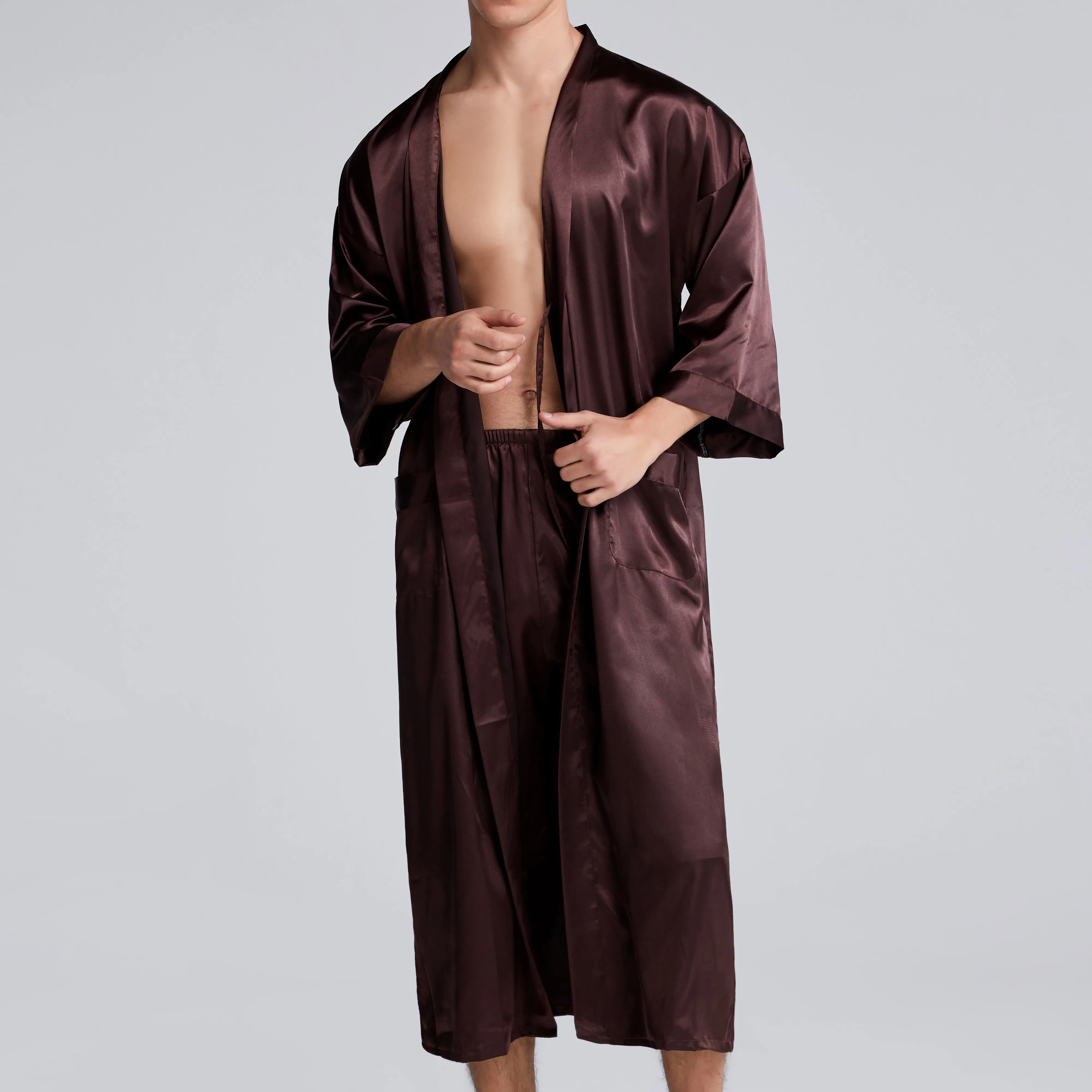 Satin Robe Men Robe with Pants Satin Silk Robe Set Polyester + Spandex Muti Colors Long Robe Bathrobe