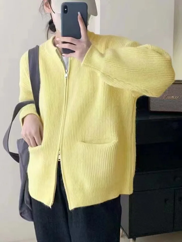 Женский кардиган с двойной молнией повседневный Вязаный Свитер оверсайз одежда