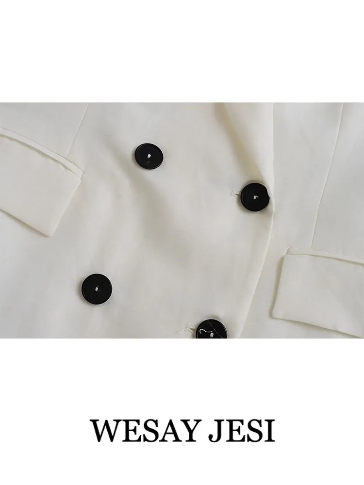 WESAY JESI TRAF Fashion Office Vintage Lady White Blazer Suits Women Long Sleeve V Neck  Blazer+High Waist Wide Leg Long Pants images - 6