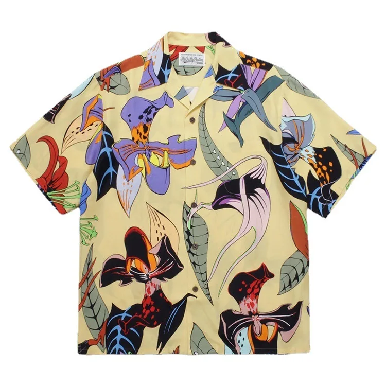 

Guiltyparties Tiger Flower Pattern Short Sleeve Wacko Maria 22SS Hawaiian Graffiti Blouse Shirt Male Summer Loose Cardigan