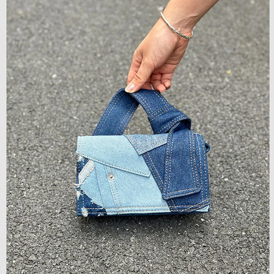 

Denim patchwork flap crossbody bags for women Korea new casual shoulder bag female commuter purse handbags square shopper totes
