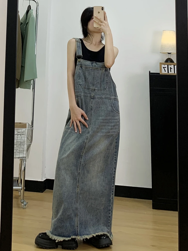 Женское винтажное джинсовое платье-комбинезон с разрезом Осеннее свободное