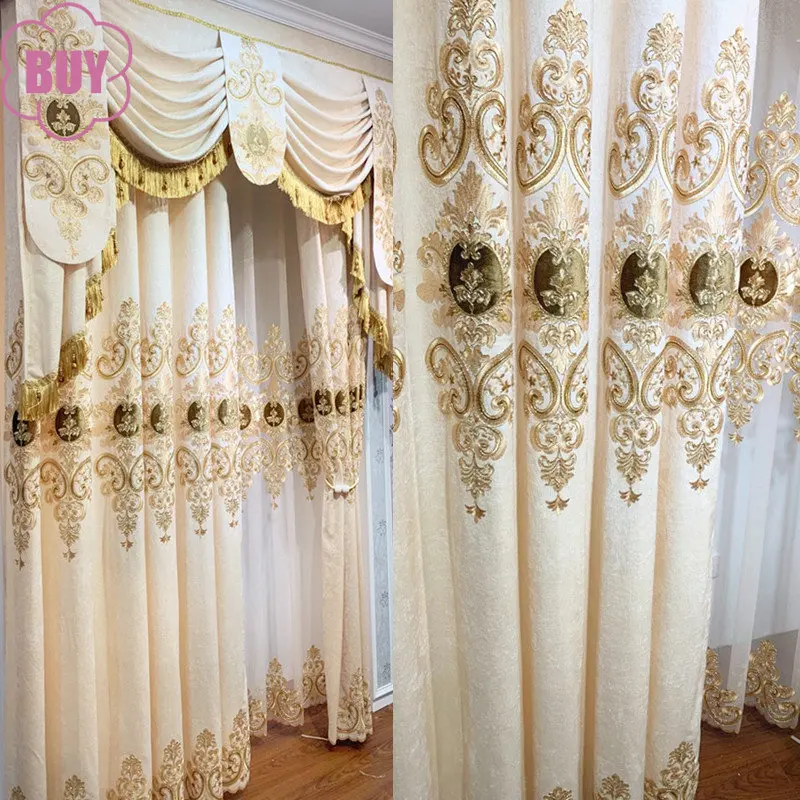 

European Curtains for Living Dining Bedroom Luxury Gold Print Curtain High Window Tulle Curtains Valance French Window Fabric