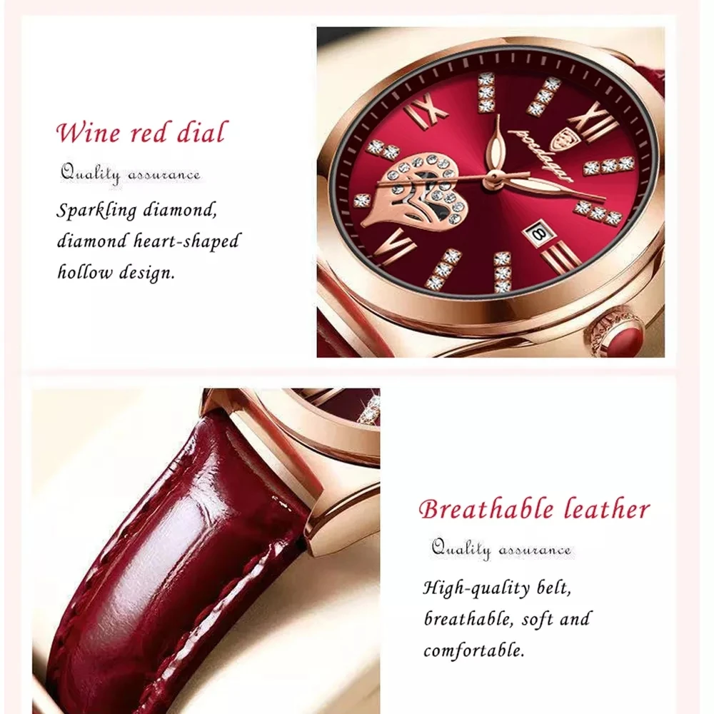 POEDAGAR 2022 Women Watches Fashion Leather Romance Red Dial Luxury Ladies Watch Waterproof Quartz Date Swiss Brand Wristwatch enlarge