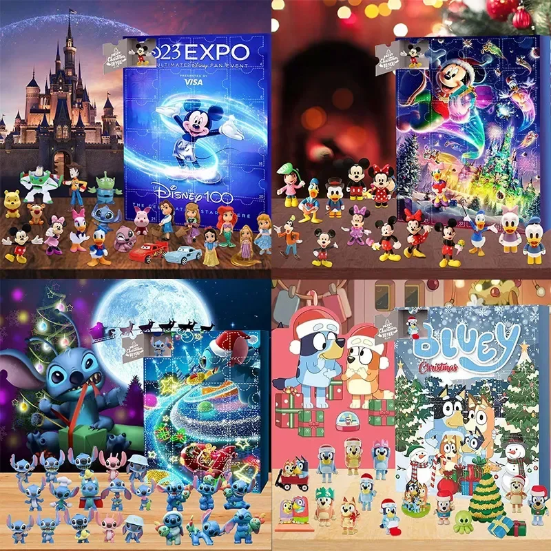 

Christmas Advent Calendar 2024 Lilo Stitch Mickey Blind Box Toys Anime Bluey Dog Action Figures Xmas Gift for Kids Decoration