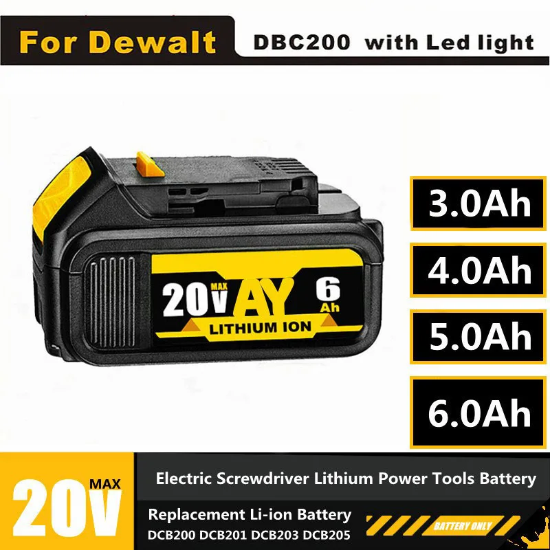 

18650 Replacement Lithium Battery for DeWalt 18V 20V MAX DCB205 DCB206 DCB203 DCB200 5.0Ah 6.0Ah Power Tool Batteries