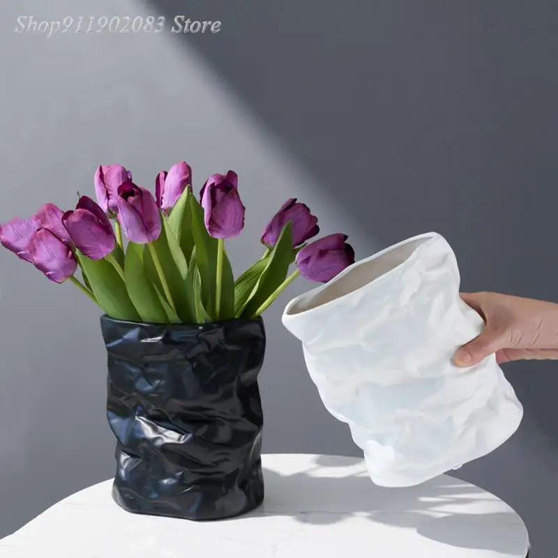 

Ceramic Vase Crumpled Wastebasket Shape Black and White Abstract Flower Arrangement Accessories Home Decoration Vases Pots