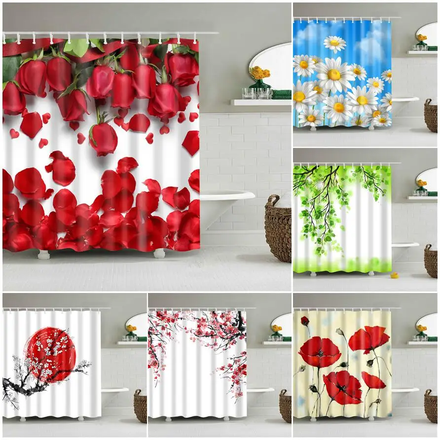 

Japanese Style Cherry Blossoms Red Rose Shower Curtains Bathroom Curtain Frabic Waterproof Polyester Bathroom Curtain with Hooks