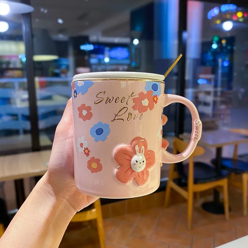 

3D Embossed Flower Mugs Lovely and Colorful Exquisite Ceramic Water Cup, Creative StarBuck Style Coffee Cup with Cover and Spoon