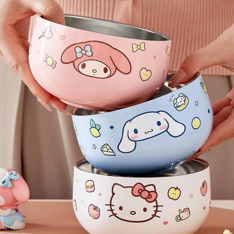 

Sanrios Hello Kittys столовая посуда миска домашняя кавайная мультяшная аниме стильная анти-ожоги анти-осенняя нержавеющая сталь для ребенка для одного человека