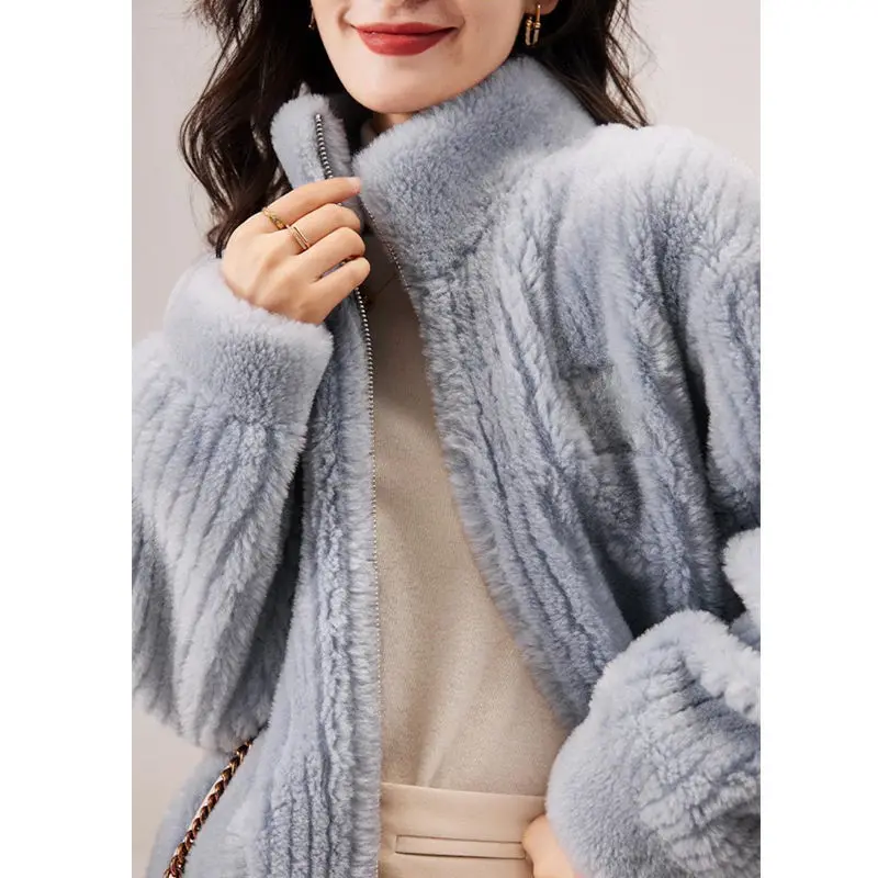 Spring Autumn Women's Coat Fashion Loose  Stand Collar Show Thin Imitated Lamb Fur Coat Casual Fake Fur Coat