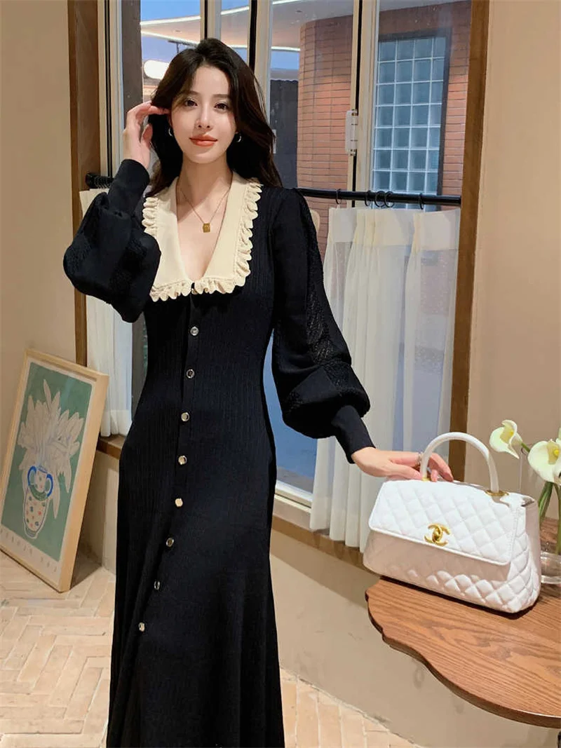 

Vintage Elegant Peter Pan Collar Button Decor Knit Dress Lady Long Lantern Sleeve Midi Vestidos Elbise Black Frocks Party G105