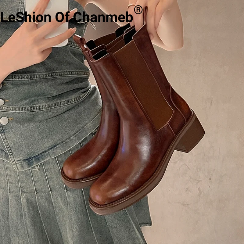 

LeShion Of Chanmeb Genuine Leather Chelsea Boots for Women Medium Heel Round Toe Ankle Boots Elastic Band Shoe Fall Winter 34-42