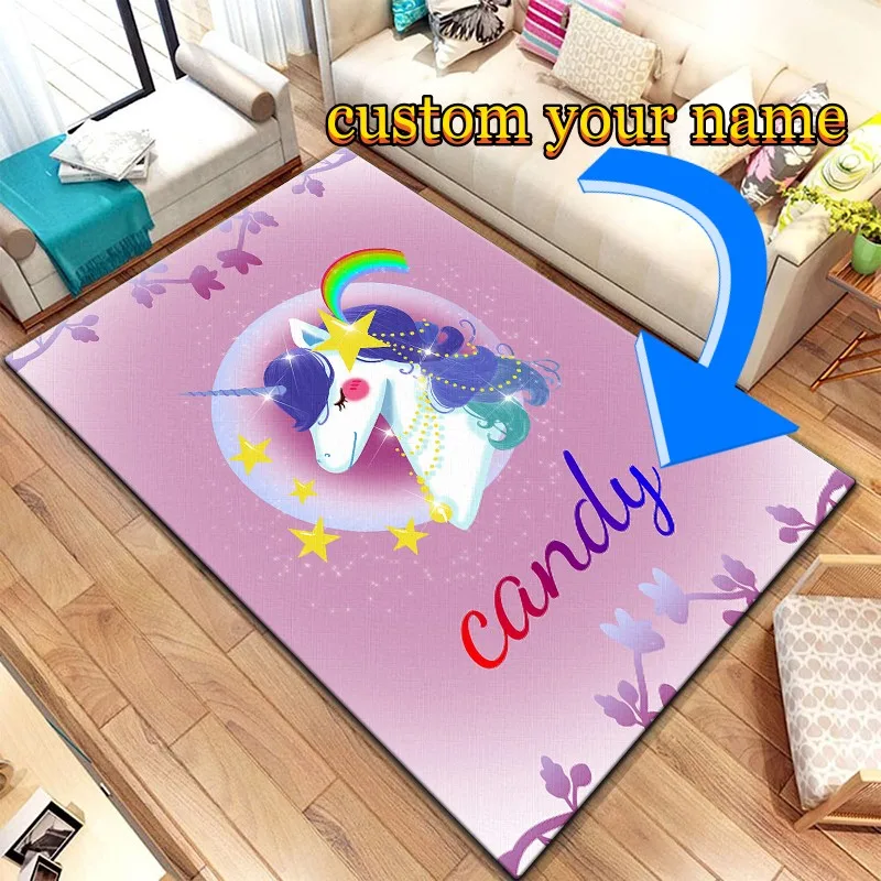Unicorn Custom Name Cartoon Painting Carpet for Living Room Large Area Rug Black Soft Home Decoration Son Daughter Birthday Gift