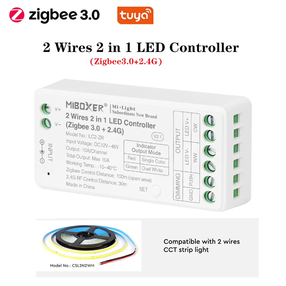 MiBoxer ZigBee+2.4G 2-wire COB colour temperature strip controller Tuya 2.4G Single color Dual white LED Strip Controller