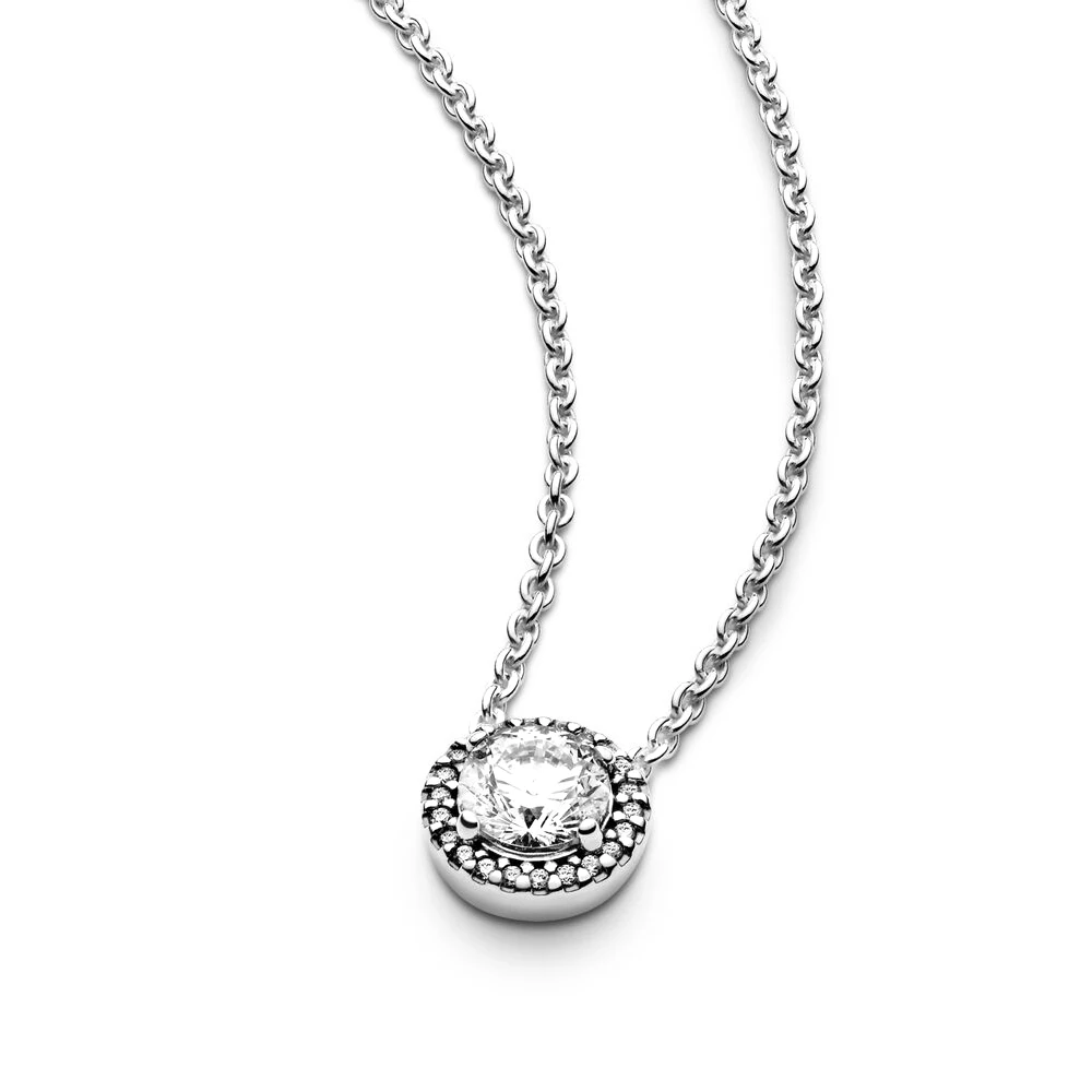

925 Sterling Silver Round Sparkle Halo Necklace fit Pandora for Women's Fashion Jewelry Birthday Gift