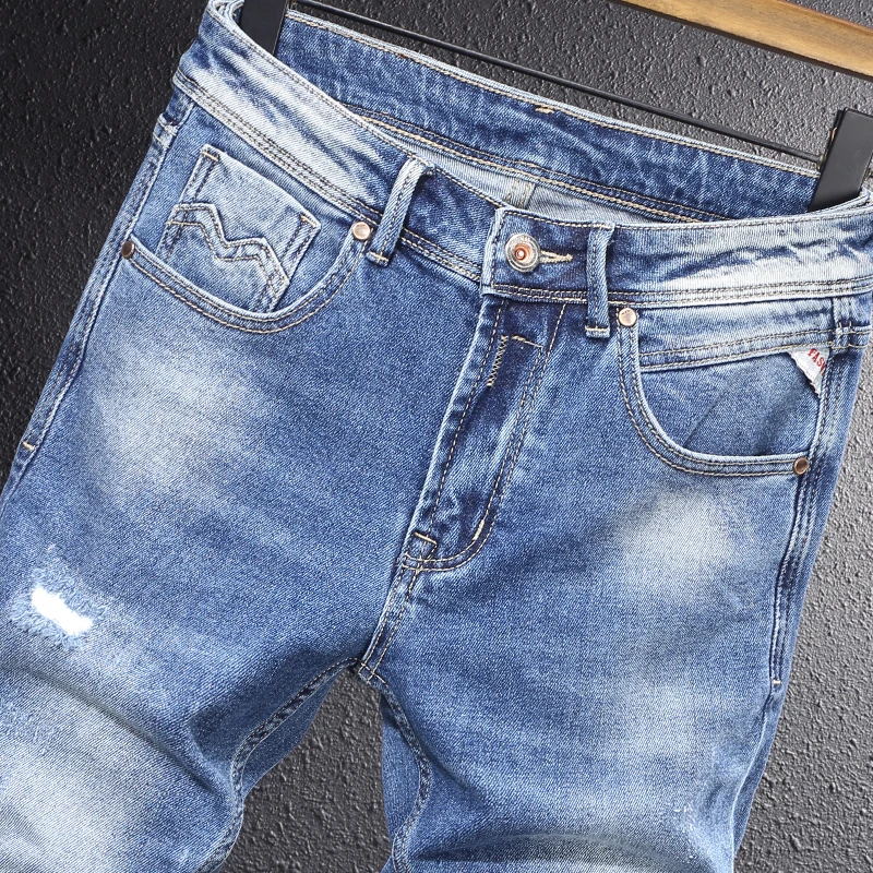 Italian Style Fashion Men Jeans Retro Light Blue Stretch Slim Fit Ripped Jeans Men Vintage Designer Casual Denim Pants Hombre